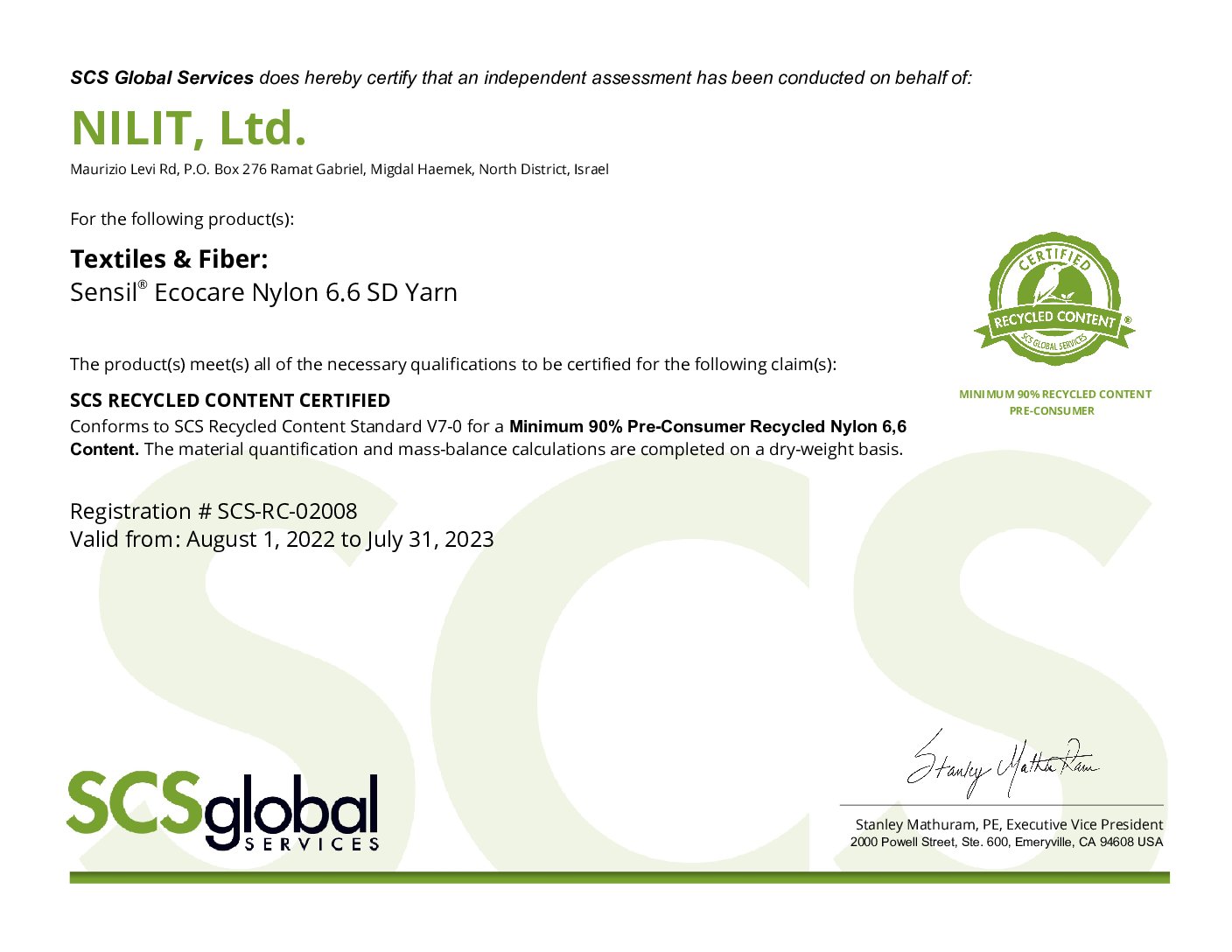 SCS – Minimum 90% Pre-consumer Recycled Yarn