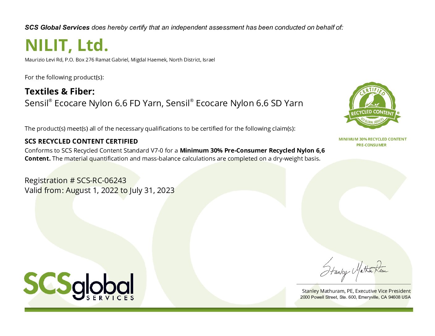 SCS – Minimum 30% Pre-consumer Recycled Yarn