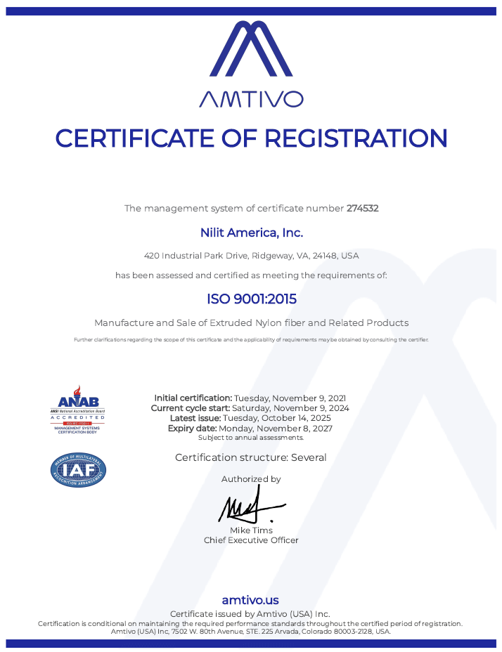 ISO 9001 – Nilit America (NIA) site