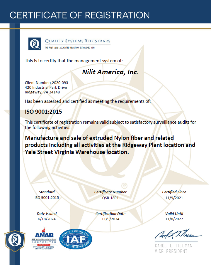ISO 9001 – Nilit America (NIA) site